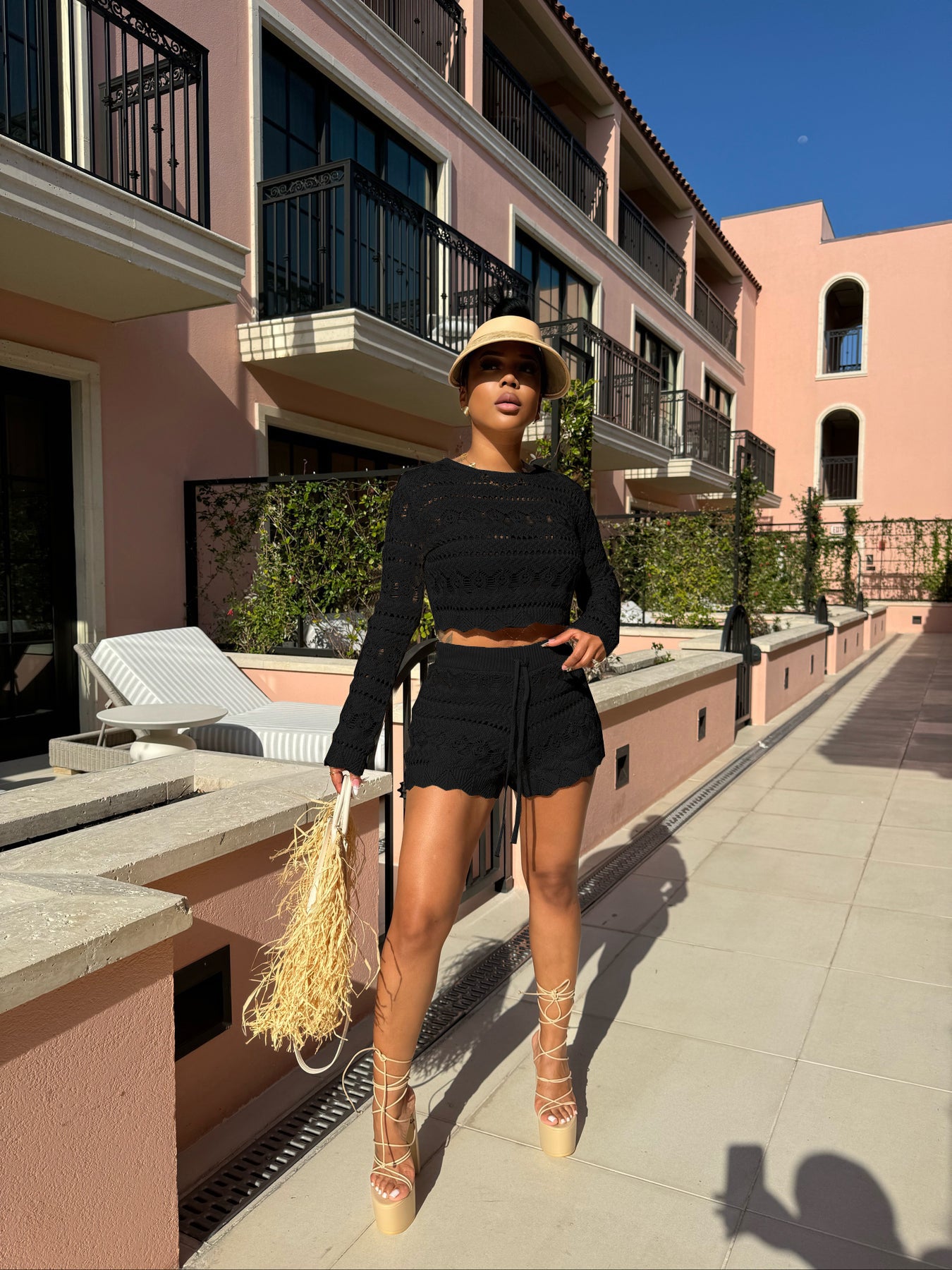 Women's Casual Fashion Round-Neck Crochet Hollow Long Sleeve Knitting Two Piece Shorts Set 5