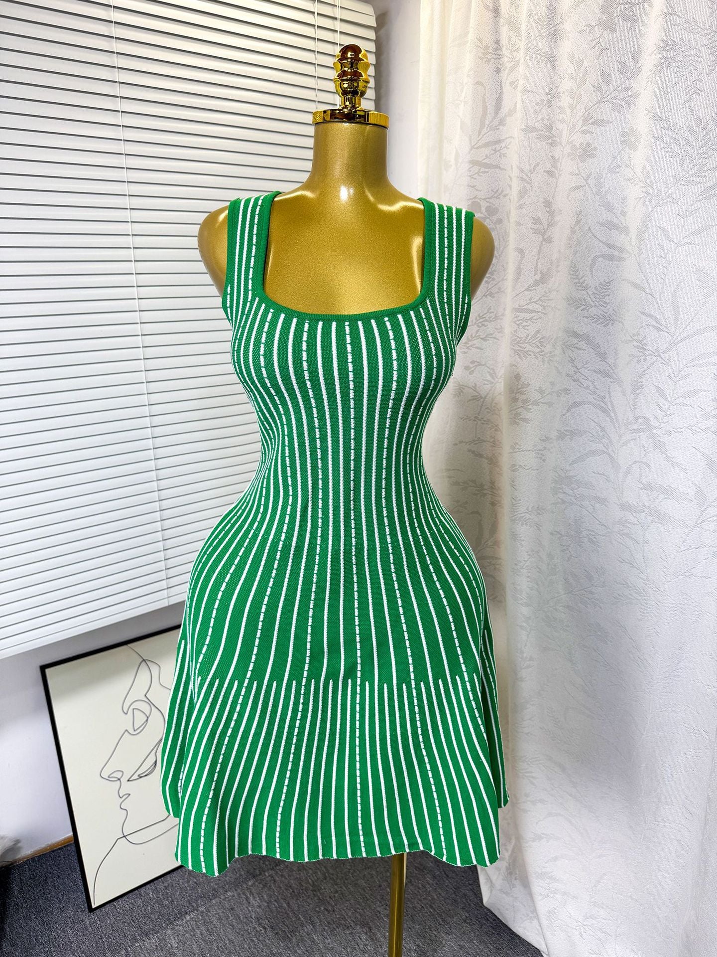 Women's Summer Square Neck Sleeveless Striped Slim Knitting Dress 5