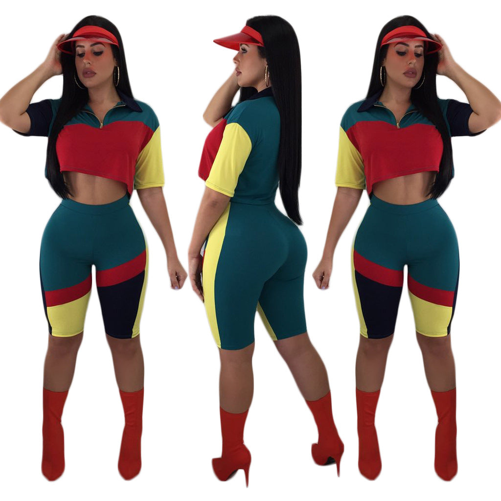 Fashion Contrast Color Casual Short Sleeve Knee-Length Two Piece Shorts Set 6