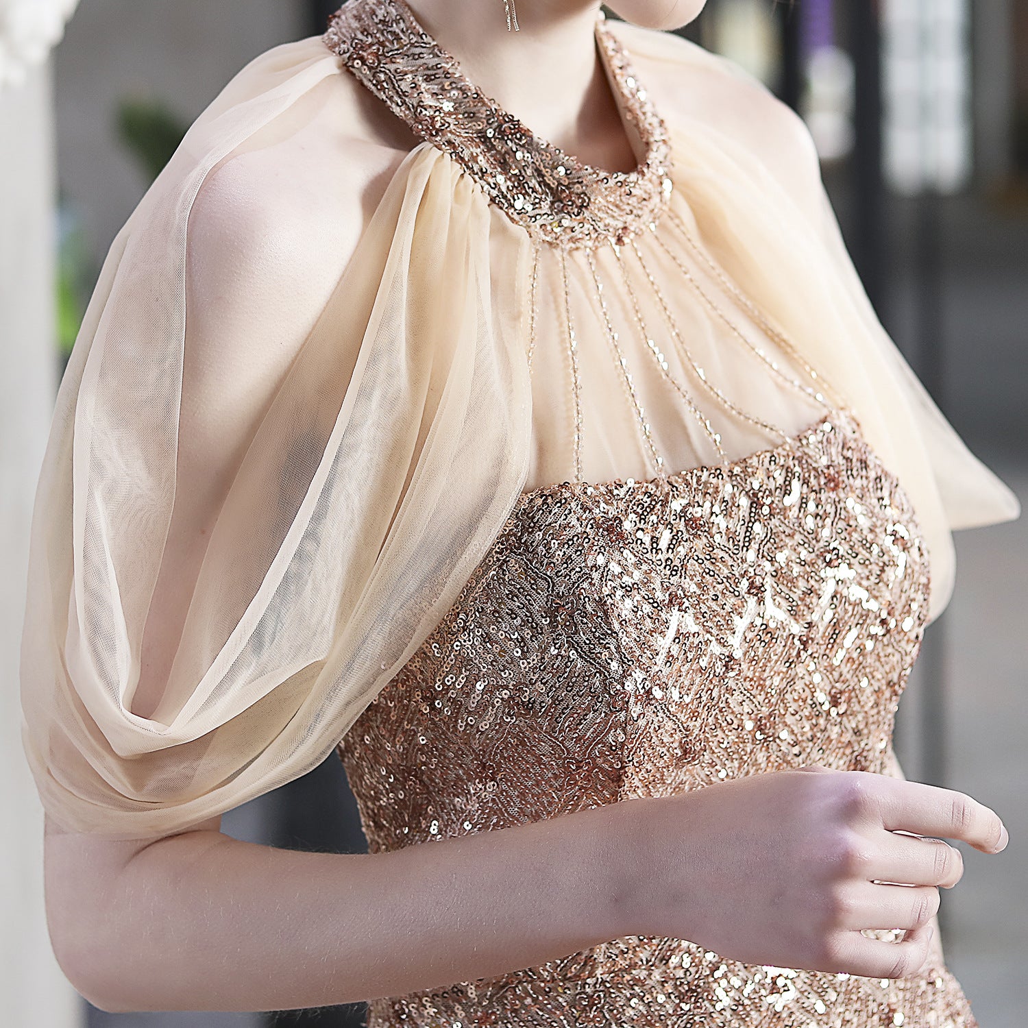 Sequin Mesh Halter-Neck Fishtail Bride Long Wedding Dress 22