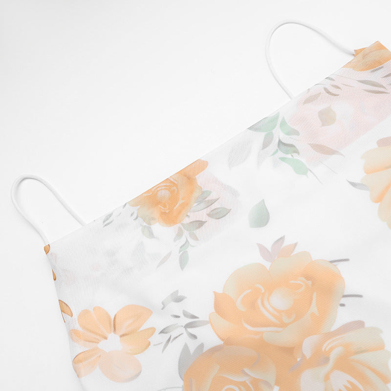 Spring Summer Mesh Printed Strap Slim Dress 12