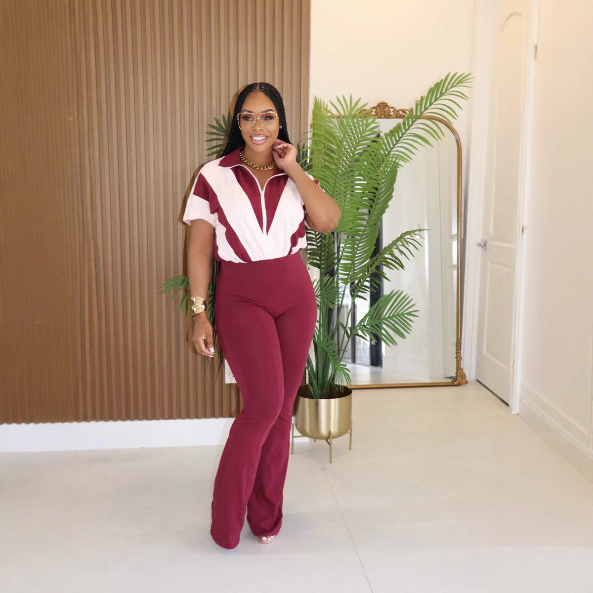 Women's turndown collar zipper patchwork bell bottom Jumpsuit 5