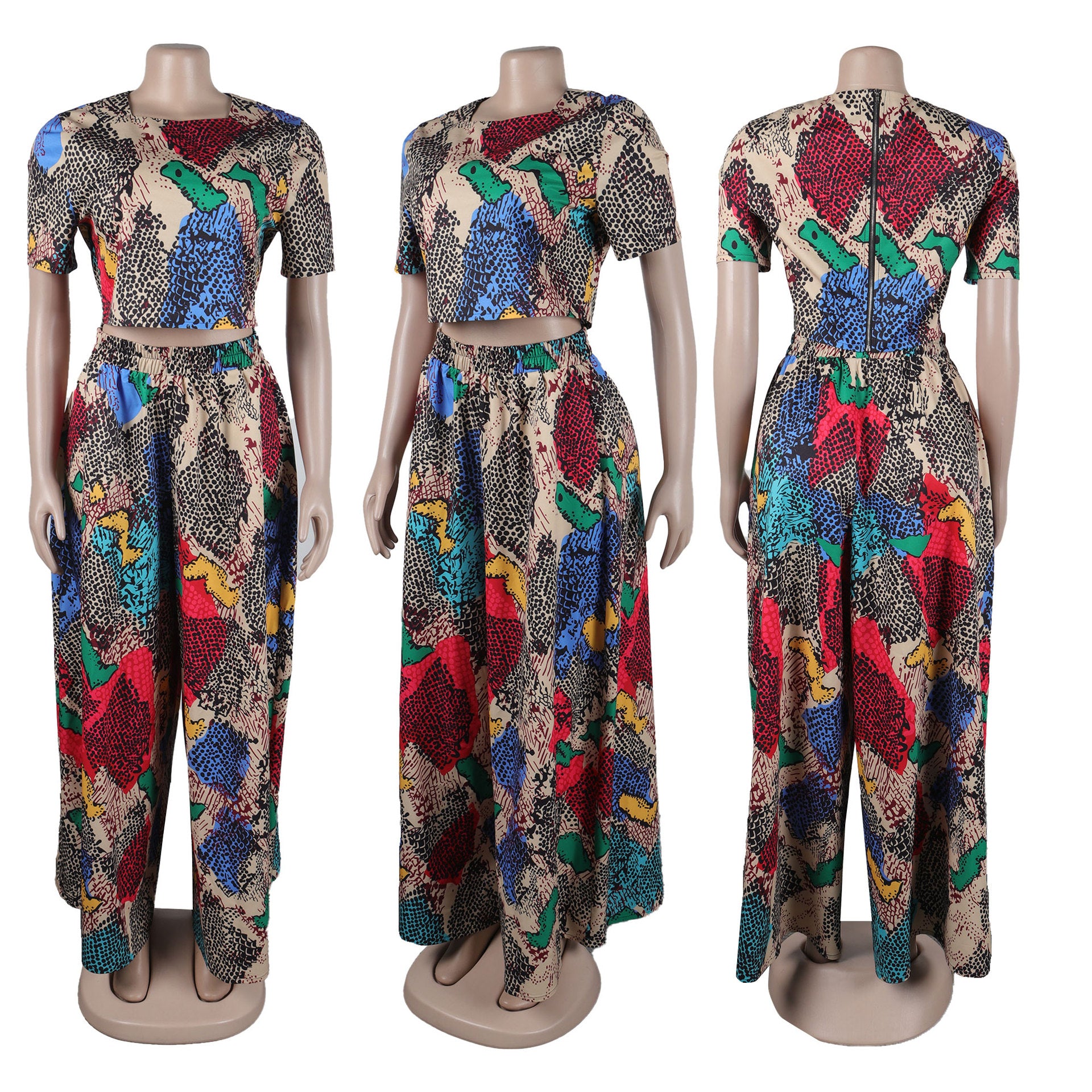 Women Sexy Printed Top and Loose Wide Leg Pants Two-piece Set 14