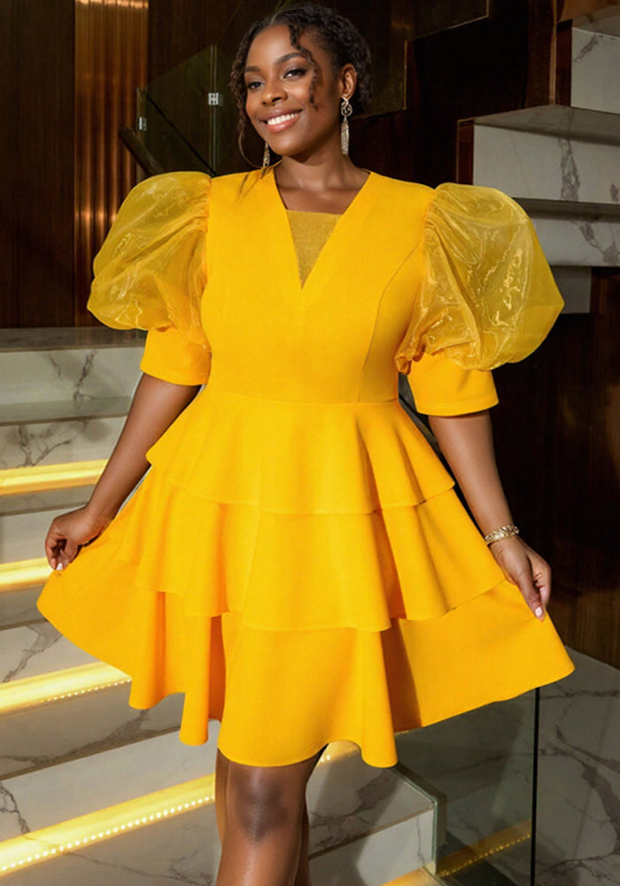 Women puff sleeve cascading ruffles dress