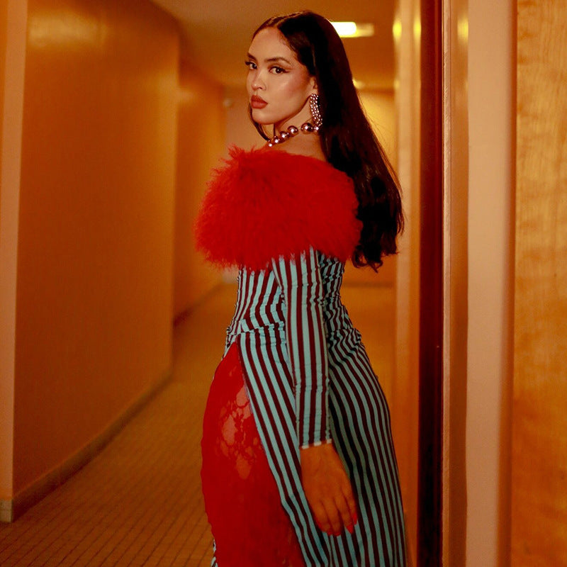 Autumn Winter Fashion Off Shoulder Trend Fur Patchwork Striped High Waist Slim Dress 5
