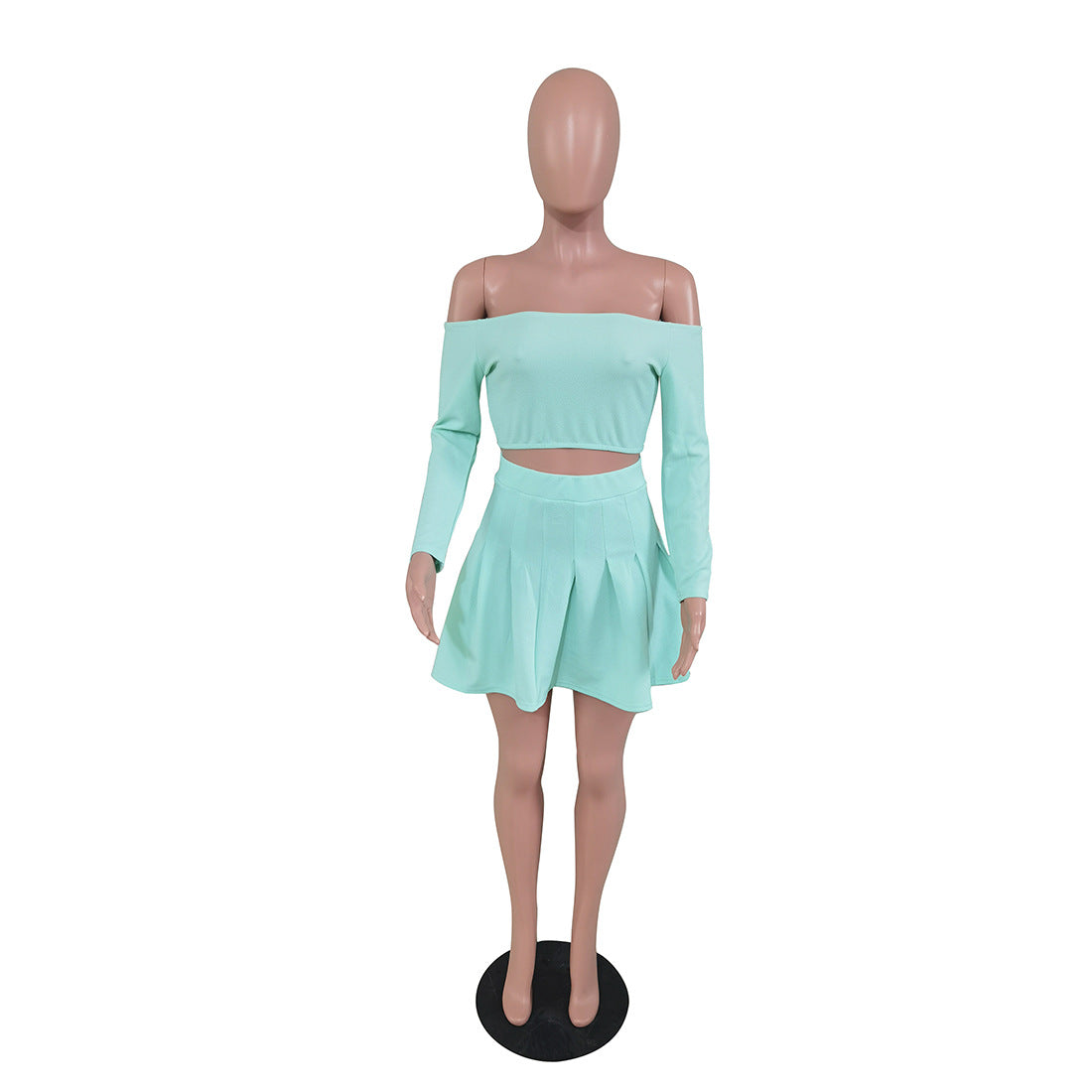 Women's Spring And Summer  Sexy Fashion Solid Color Off Shoulder Long Sleeve Crop Top Pleated Skirt Two-Piece Set 13