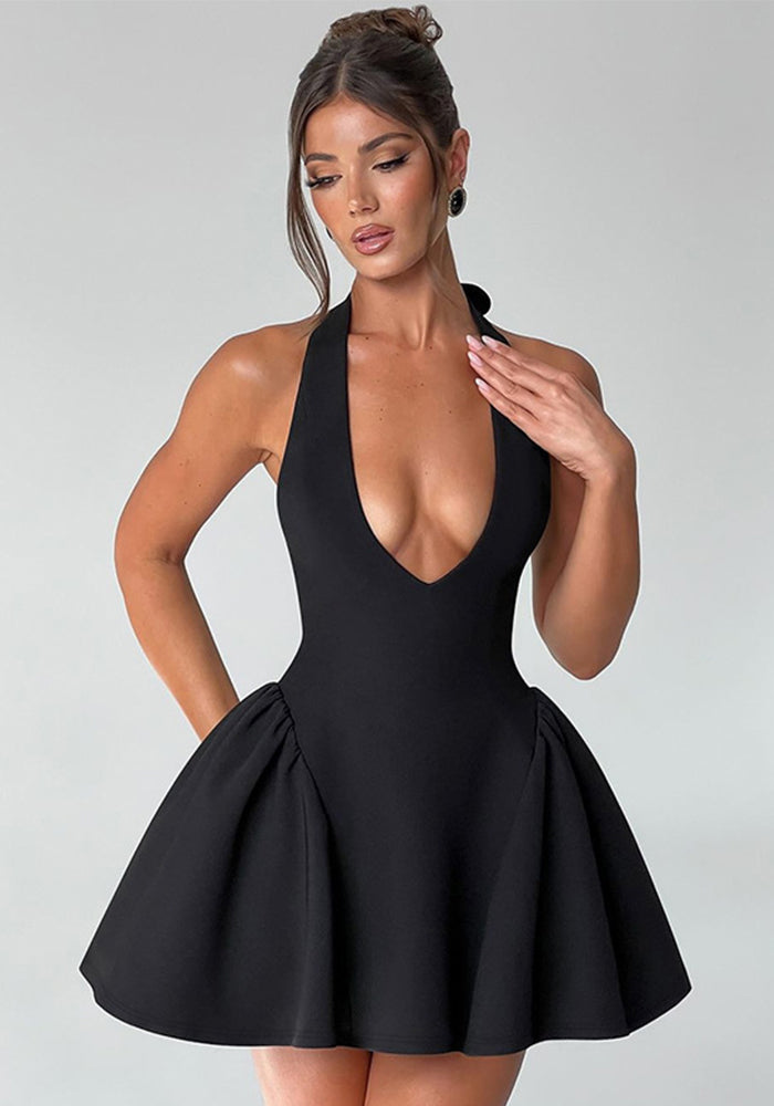 Women Sexy Summer Solid Sleeveless V Neck Halter Neck Dress