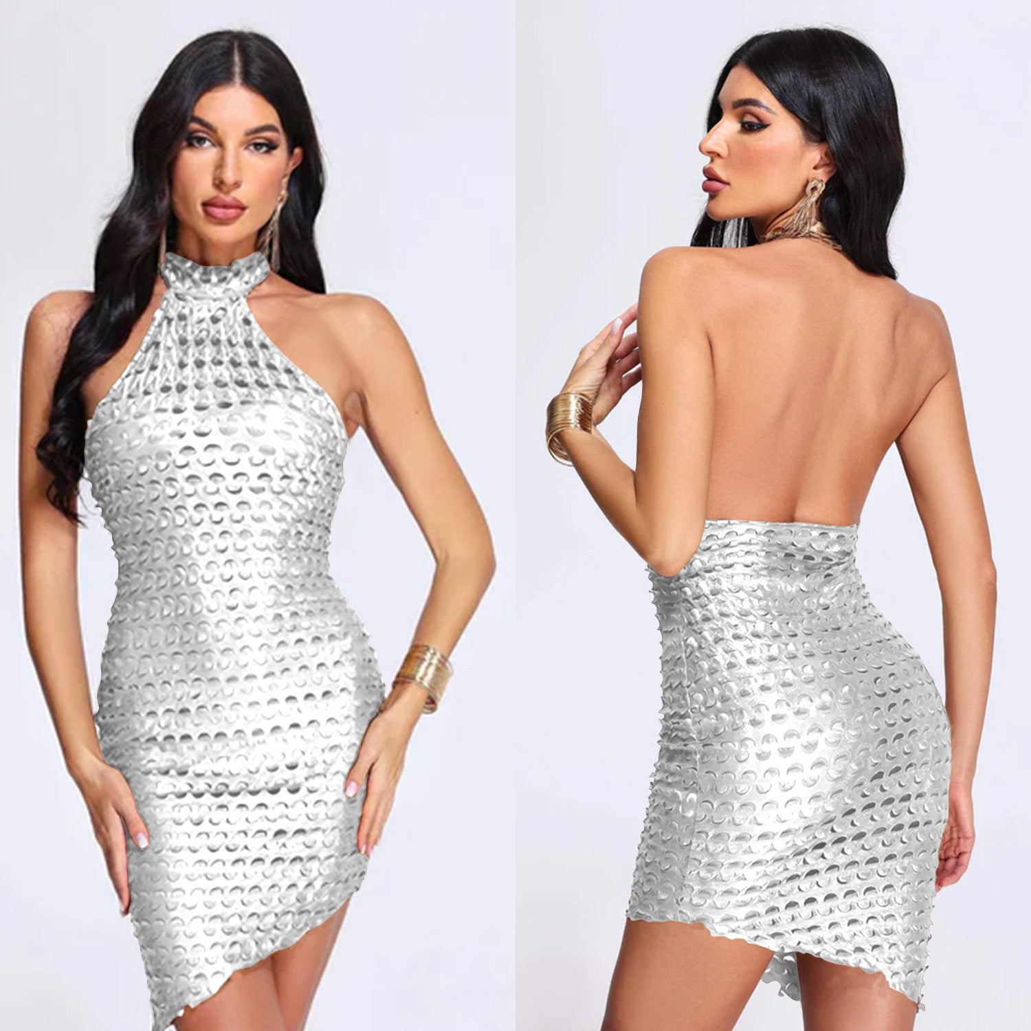 Fashion Women's Solid Color Sleeveless Low Back Halter Neck club Dress 6