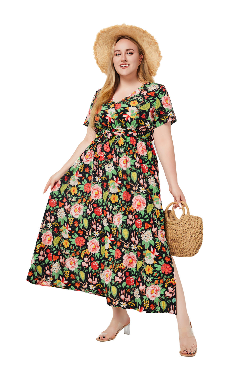 Plus Size Women Summer V Neck Short Sleeve Printed Bohemian Dress 7