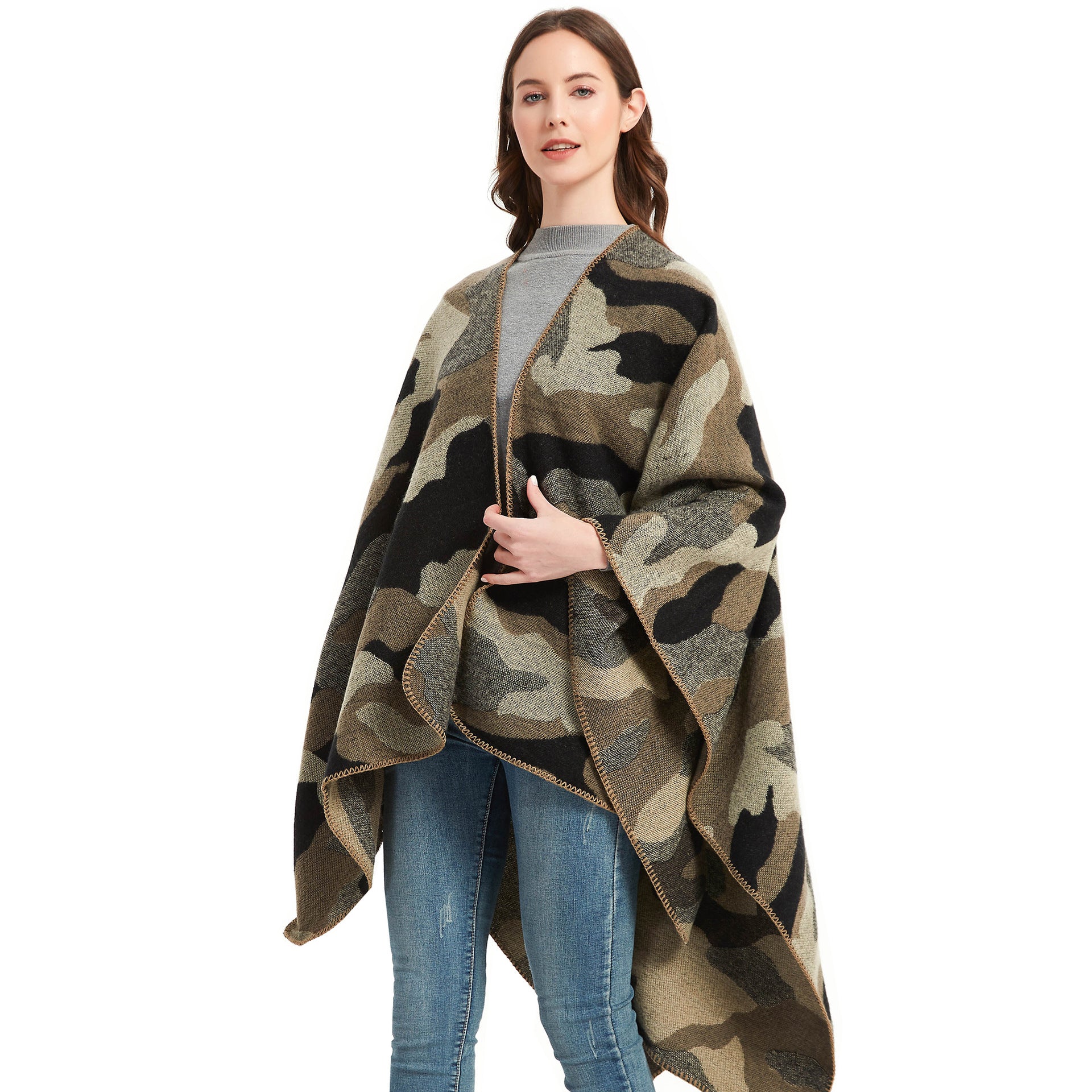Women jacquard cape camouflage slit shawl 17