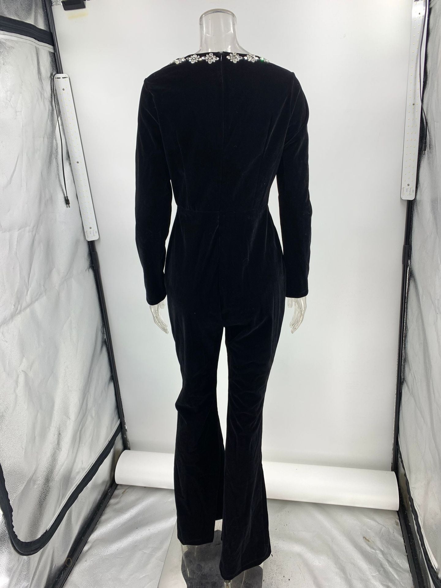 Diamond velvet square neck long sleeve high waist slim Bell Bottom Jumpsuit 6