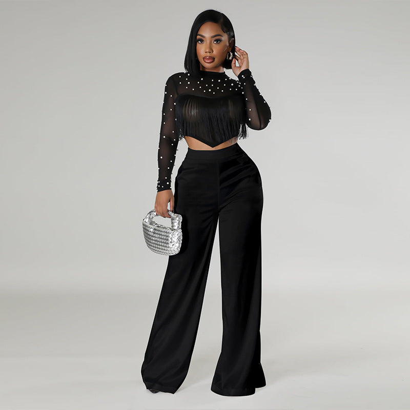 Women summer solid round neck polka dot mesh crop top and trousers two-piece suit