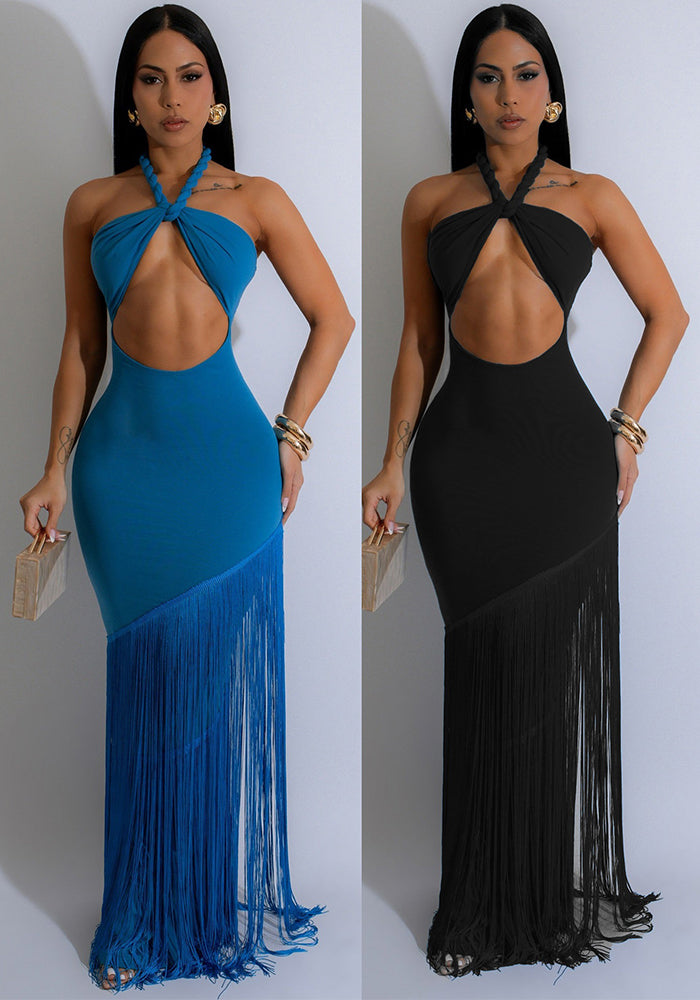 Women hollow sleeve Halter Neck tassel dress