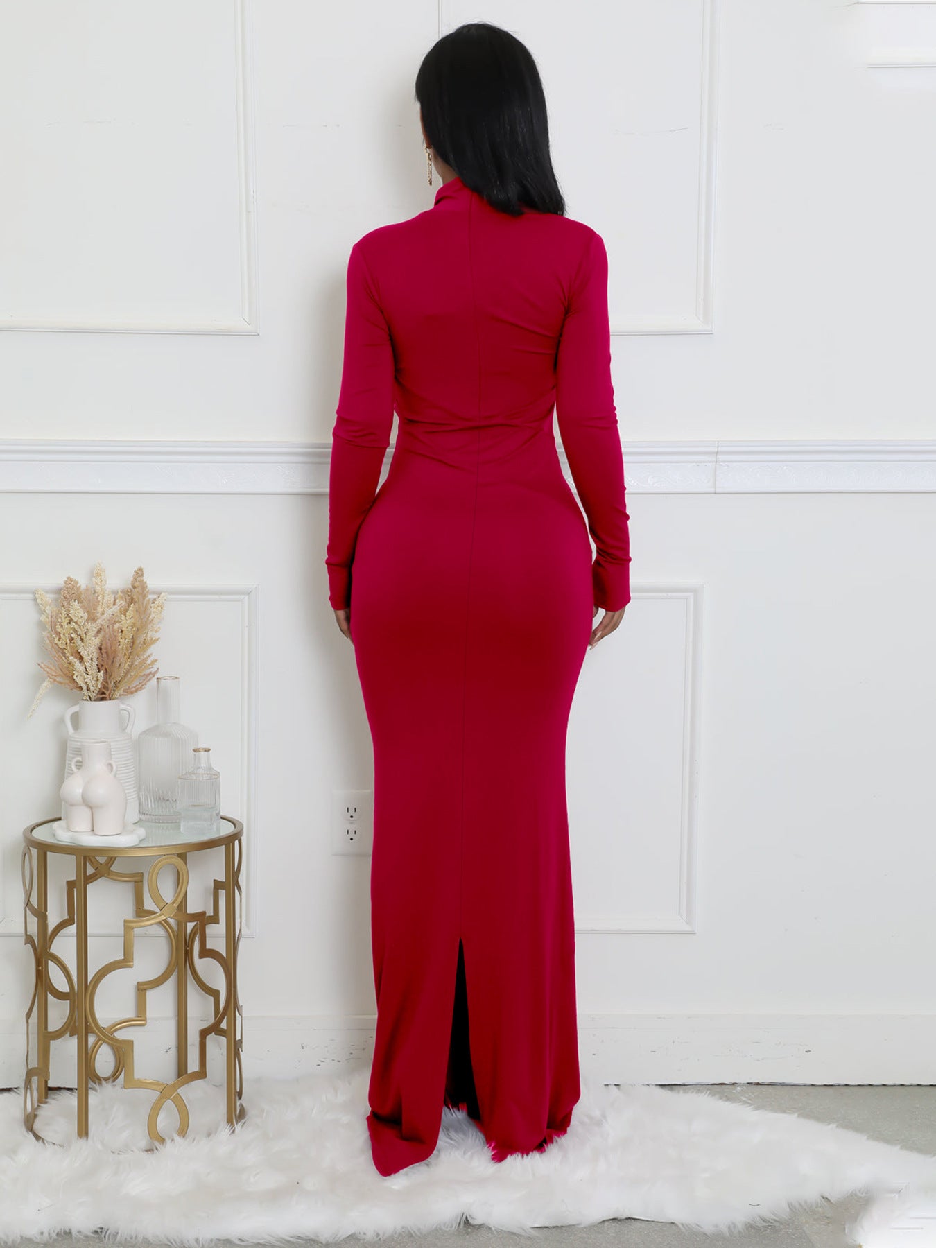 Women Solid Long-Sleeve Slash Shoulder Fishtail Bodycon Dress 7