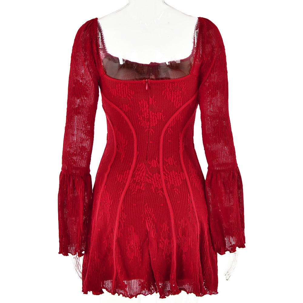 Spring Sexy Lace Bell Sleeve Long-Sleeve Low Back Bodycon Short Dress 12