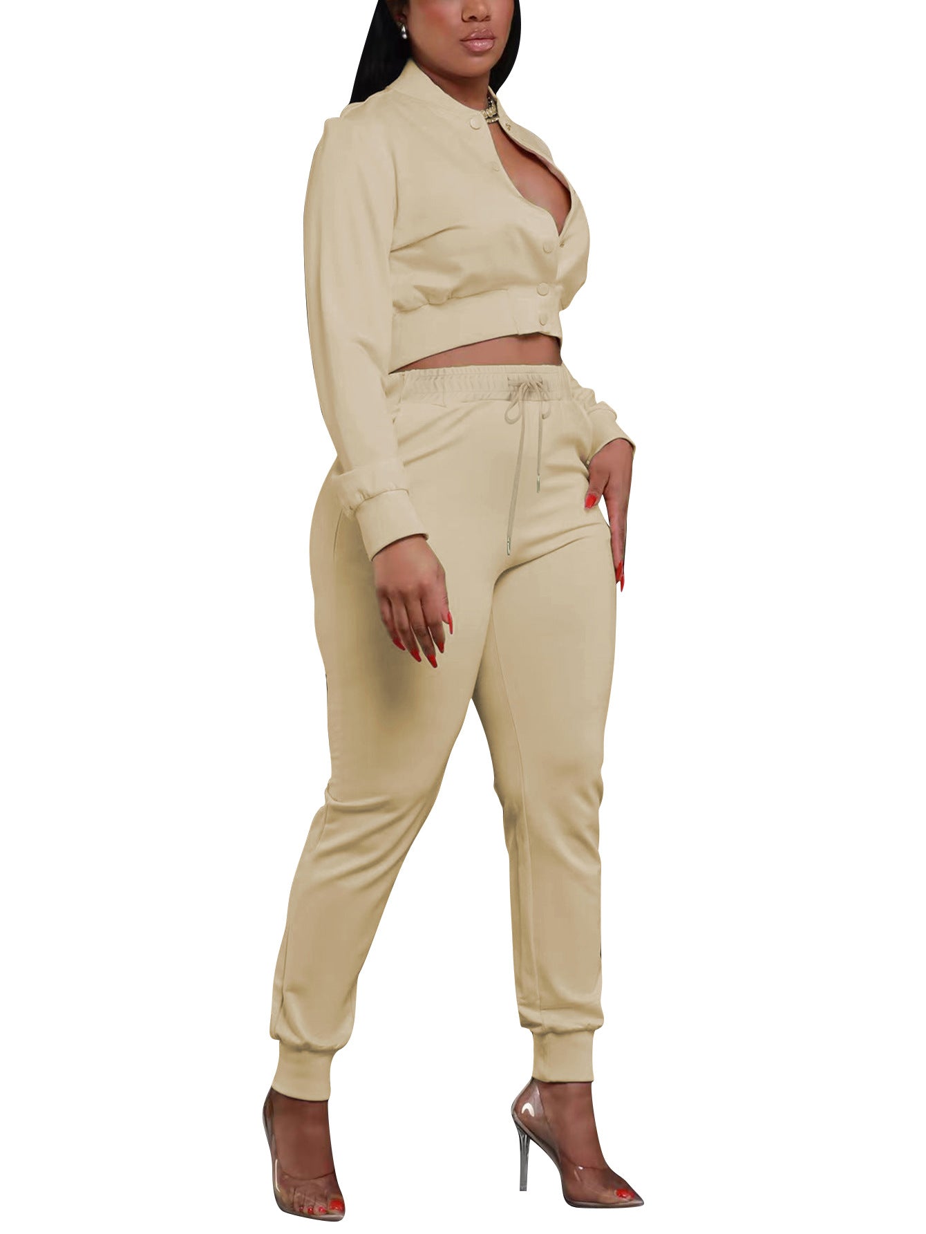 Women's Solid Color Casual Baseball Jacket Single-Breasted Long Sleeve Zipper Top and Sport Pants Two-Piece Set 3