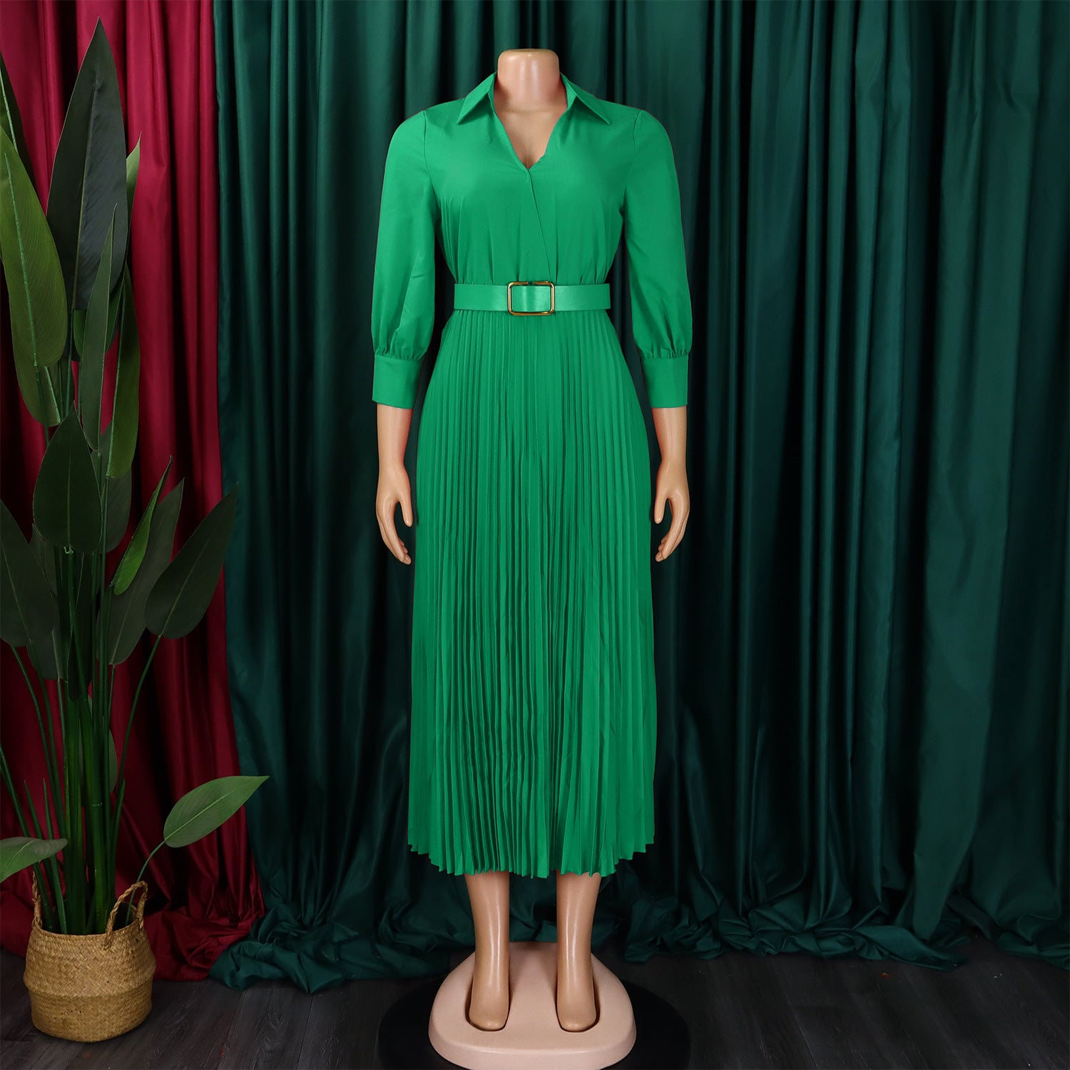 Spring V-Neck Solid Long Sleeve Pleated Dress for Women 20