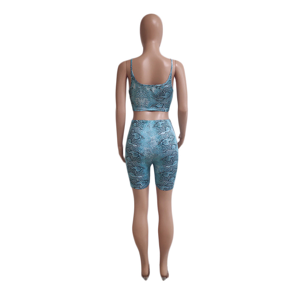 Spring Women's Fashion Casual Snakeskin Pattern Print Two Piece Shorts Set 16
