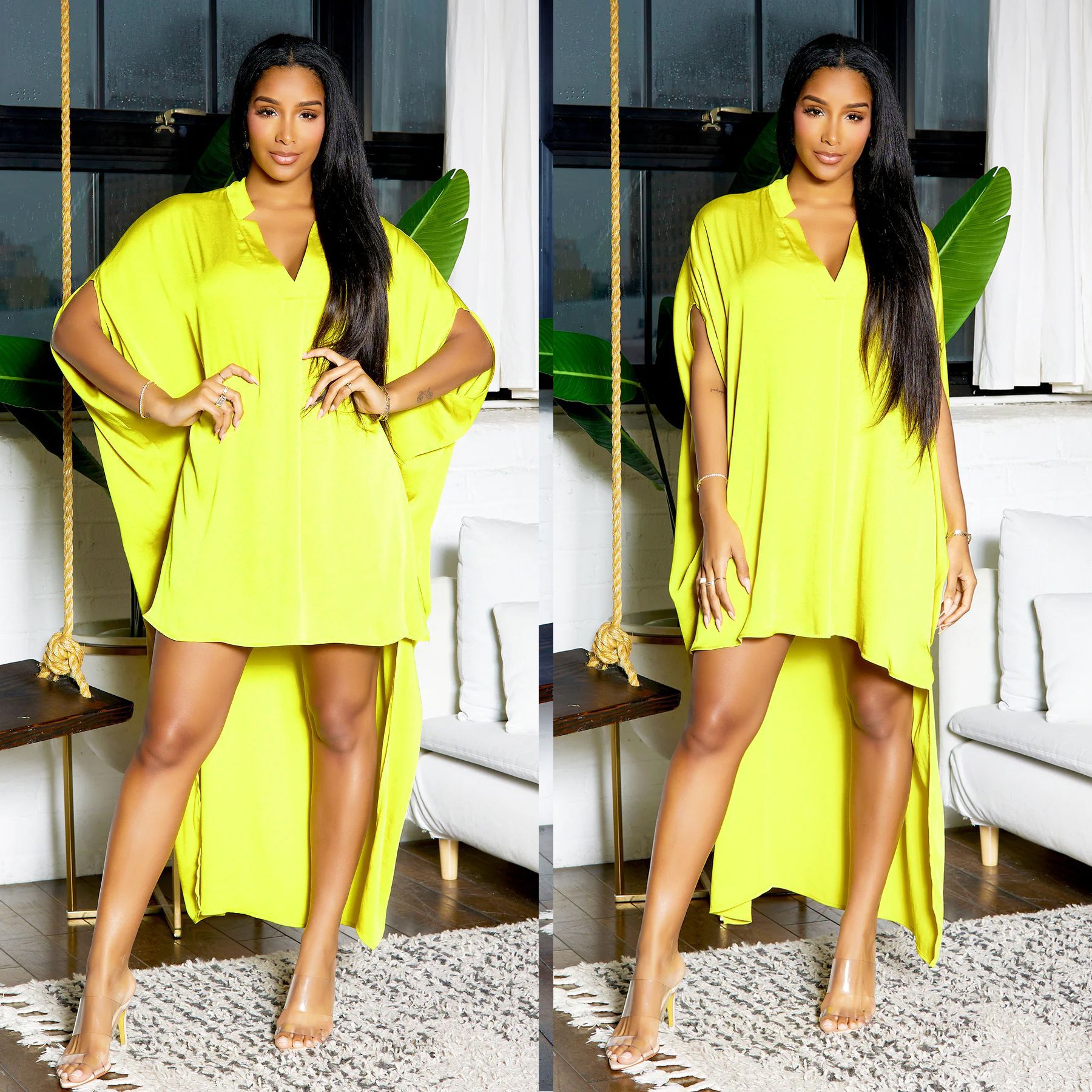 Women's Bat Sleeve V-Neck Fashion Irregular Loose Satin Dress 5