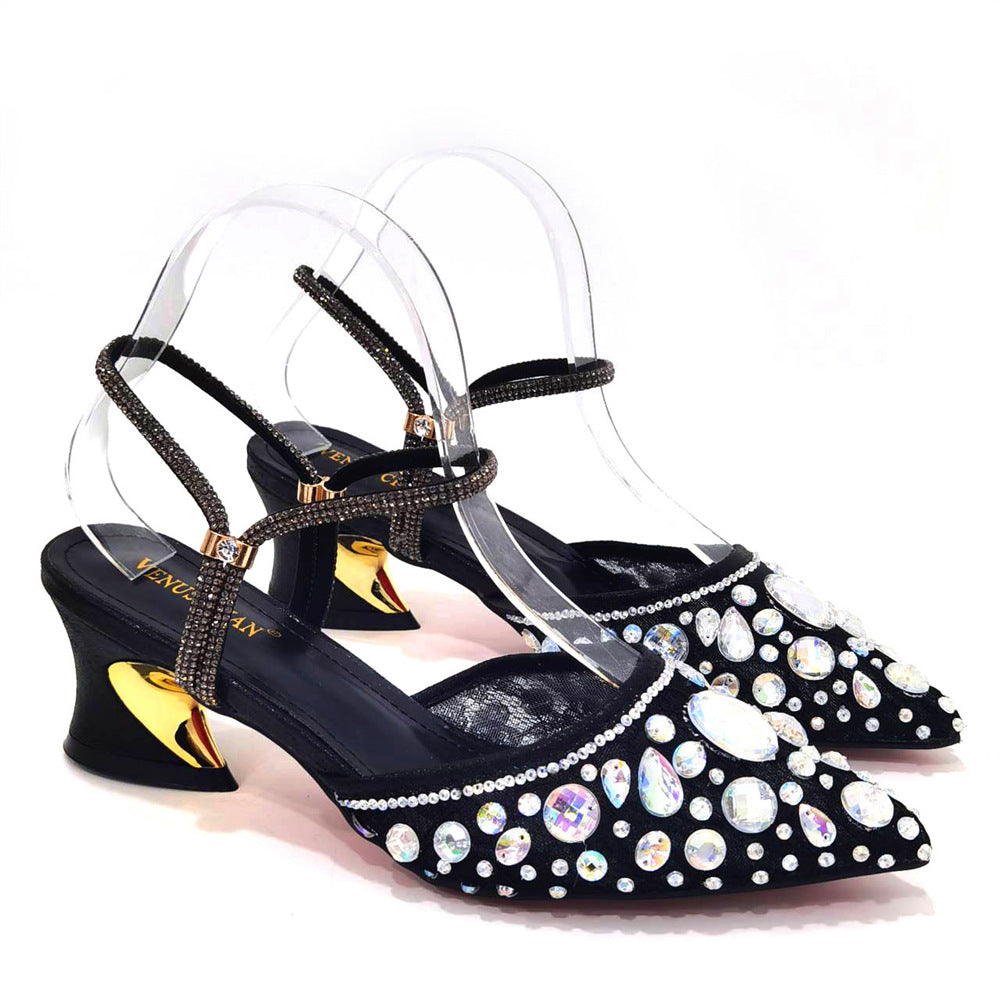 Comfortable Women's Pointed Toe Thin Strap Sandals Lace Diamonds Cylindrical Tassel Wedding Bag 17