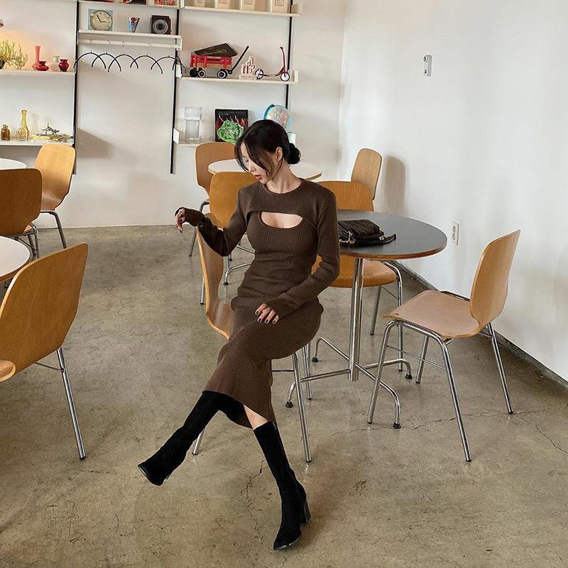 Women sexy hollow long-sleeved Top and slit suspender dress two-piece set 10