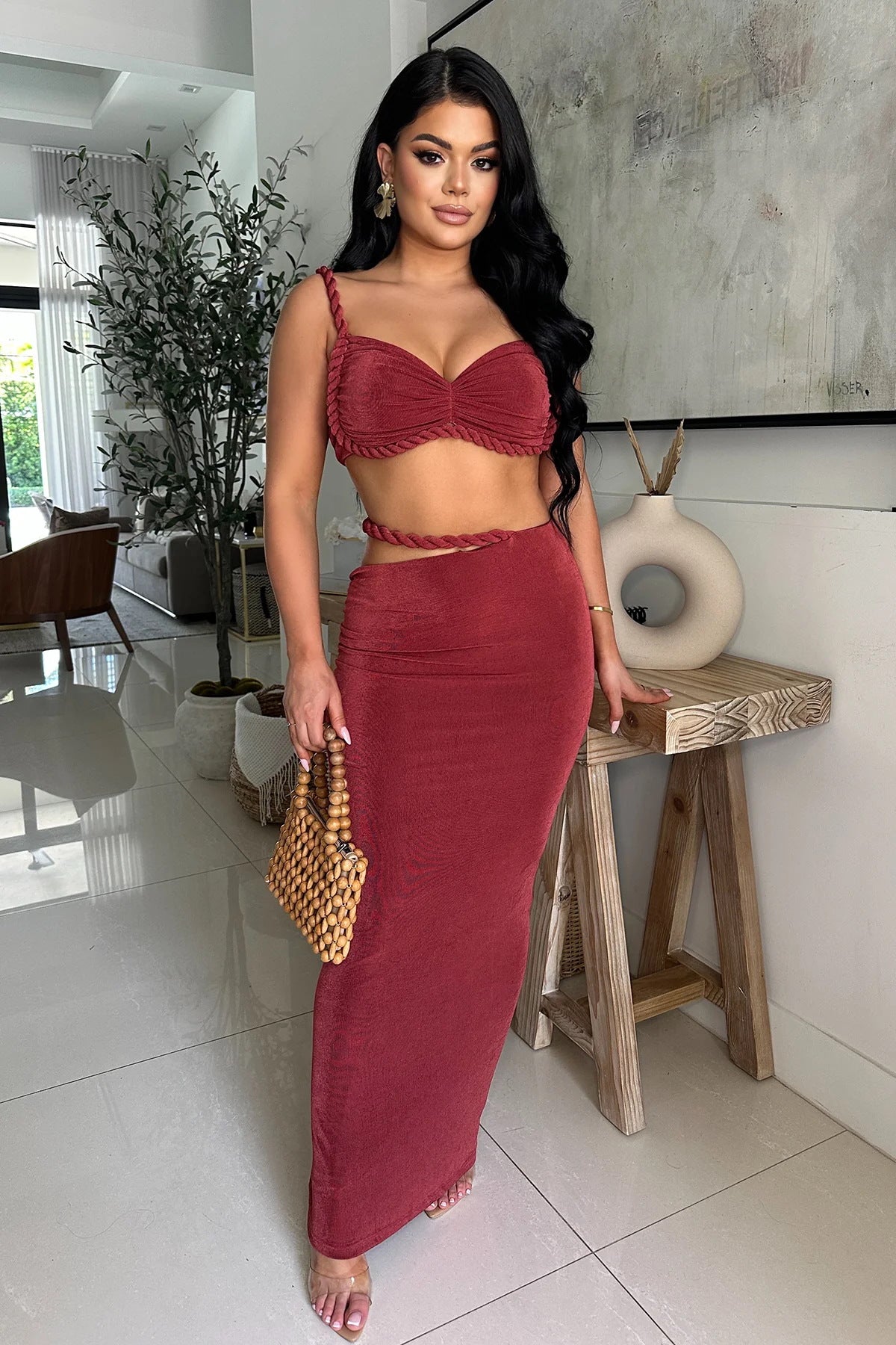 Casual Strap Crop Top High-Waist Hollow Long Skirt Two-Piece Set 4