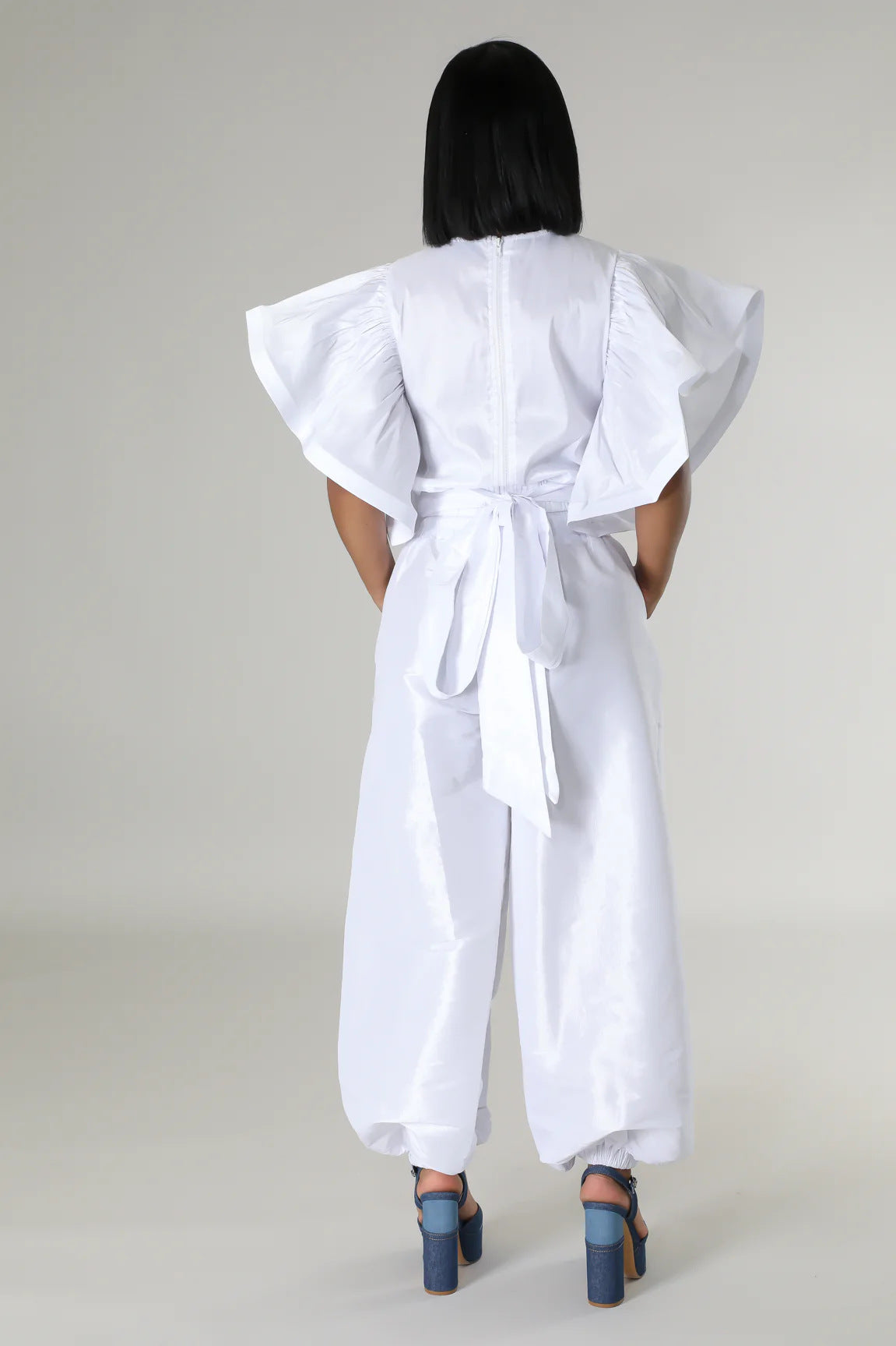 Women Ruffle Edge Sleeve Lace-Up Top and Elastic Pants Two-piece Set 14