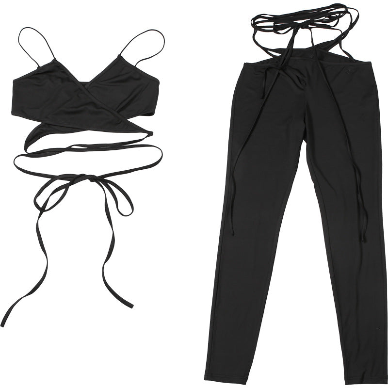 Women Summer Hollow Sexy Sleeveless Suspender Top and Pants 2-piece Set 8