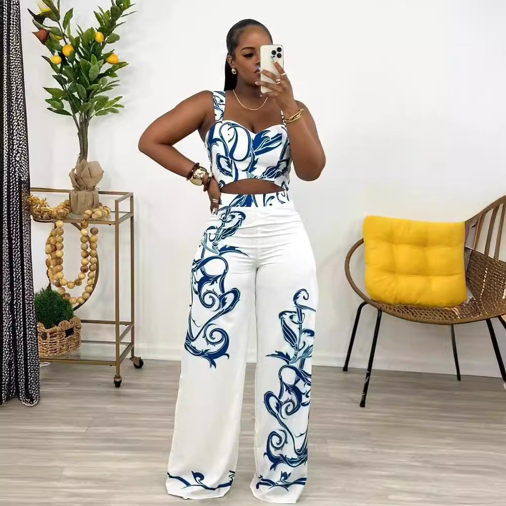 Women Sexy Print Suspender Top and Wide Leg Pants Two-piece Set 5