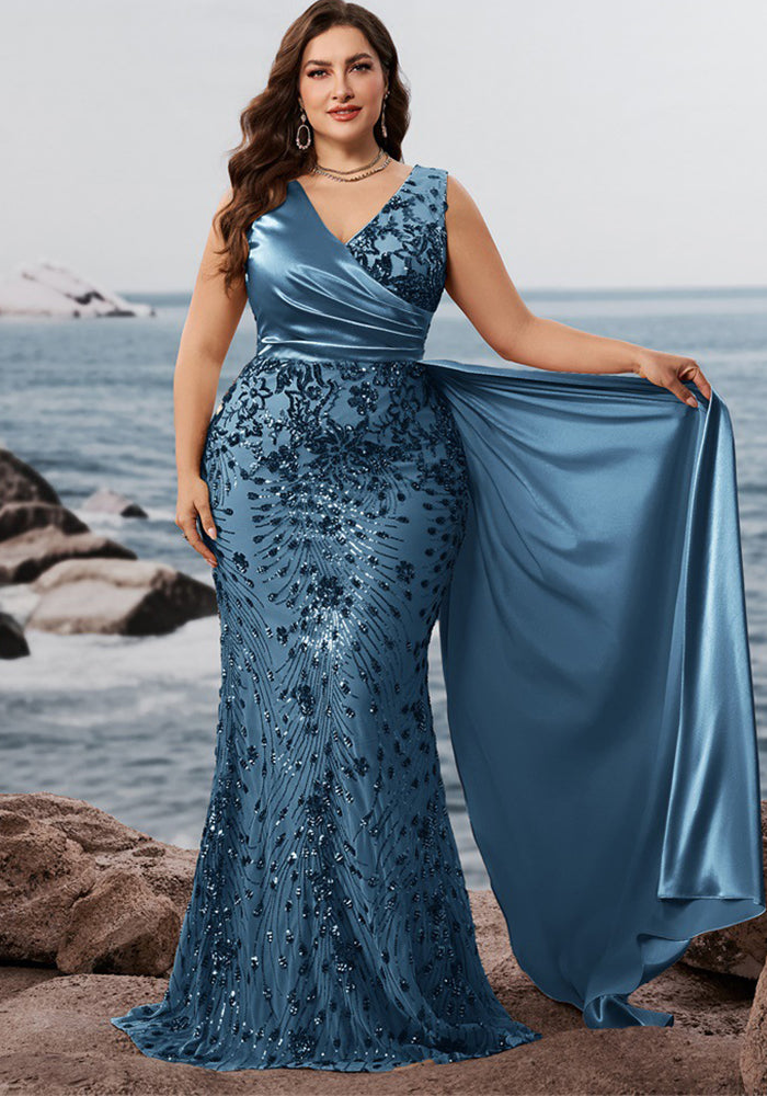Plus Size Elegant Sequins Patchwork Fitted V-Neck Short Sleeve Cocktail Dress Bridesmaid Gown