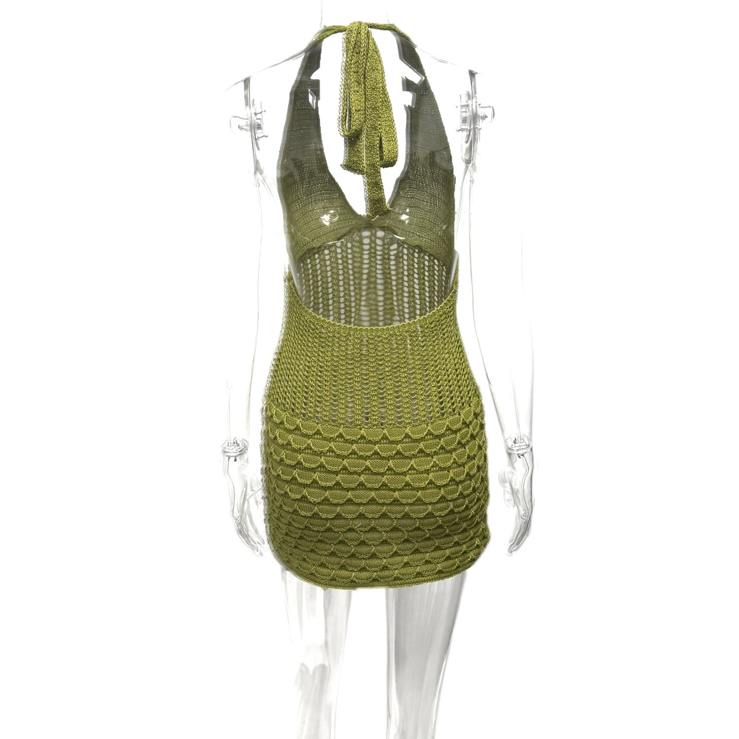 Summer Sexy V-Neck Tie Halter Neck Low Back Solid Color Bodycon Knit Dress 7