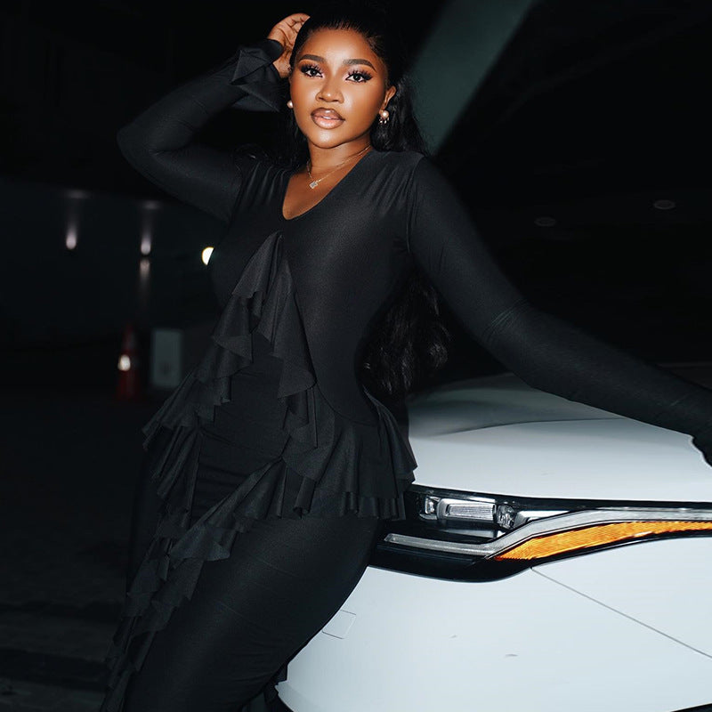 Women solid elegant long sleeve u-neck dress