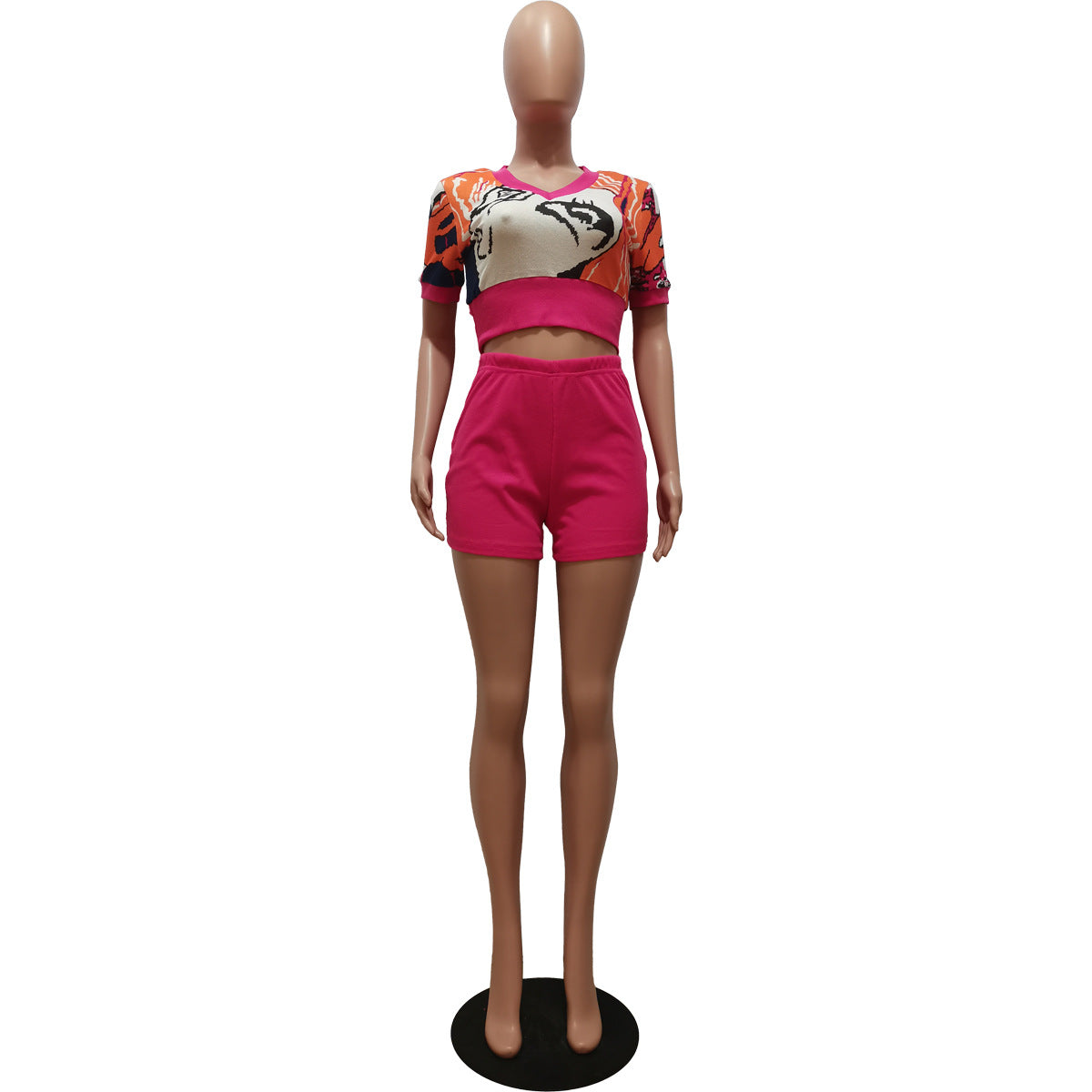 Women's Summer Print Heart Neck Slim Sport Casual Top + Shorts Set 13