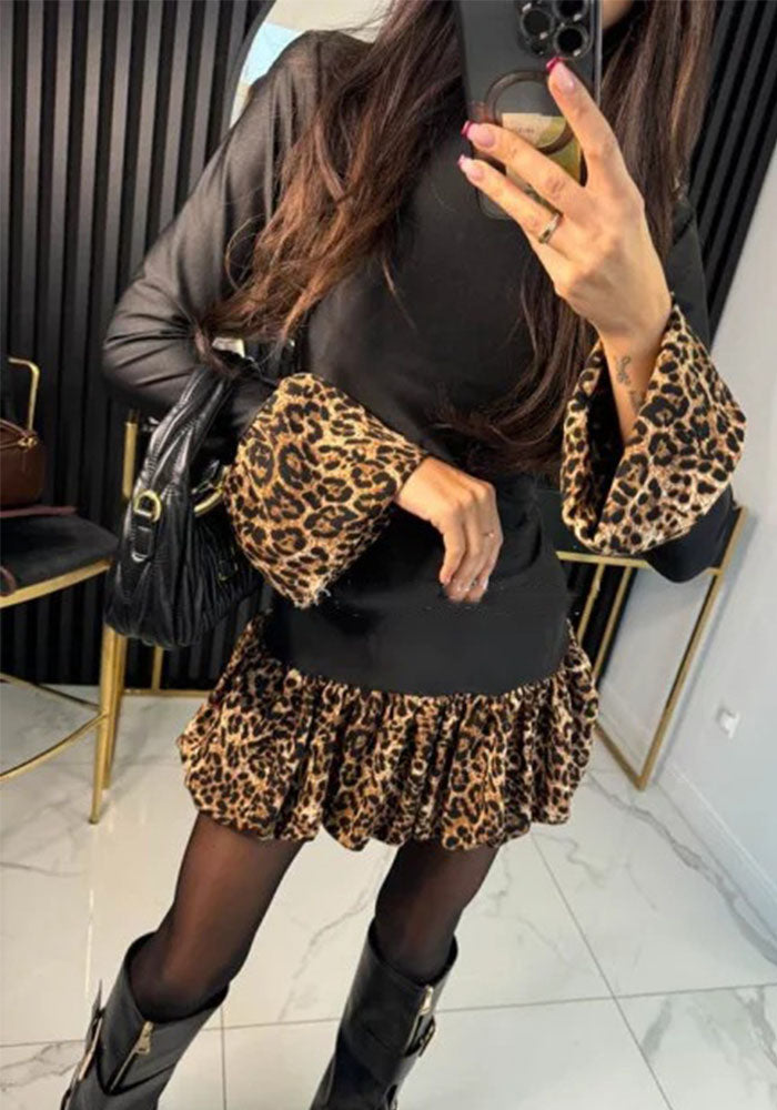 Women Spring Leopard Print Patchwork Bell Bottom Sleeve Mini Dress
