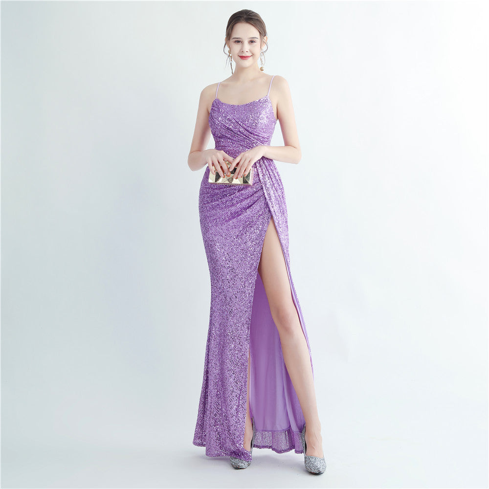 sequin pleated side slit straps long evening dress 5