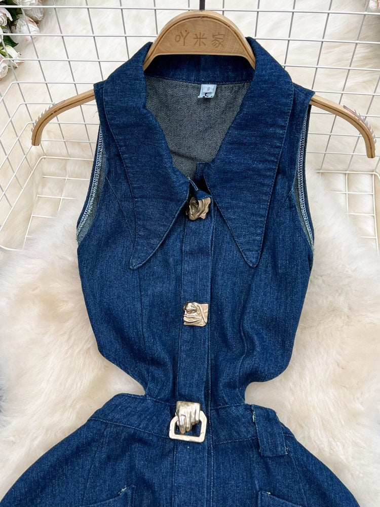 Women Vintage Turndown Collar Cut Out Sleeveless Denim Dress