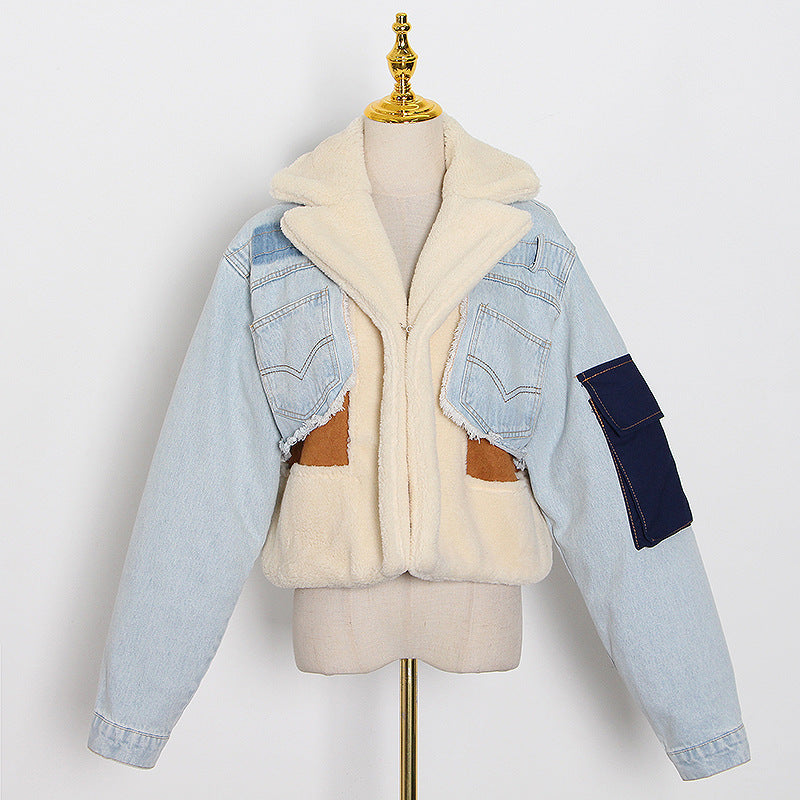 Women Lamb Wool Patchwork Loose Casual Denim Crop Jacket 9