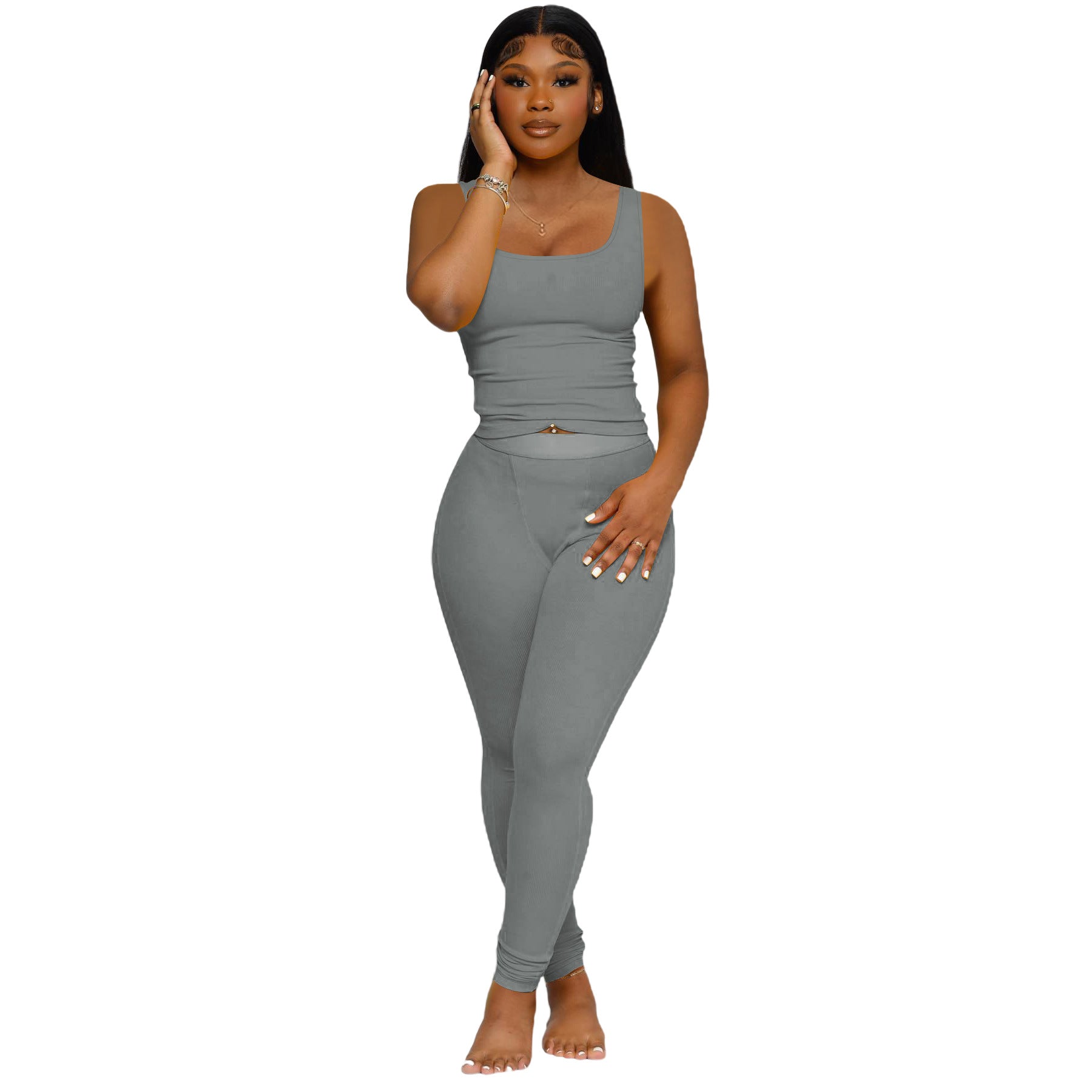 Women's Fashion Ribbed Solid Color Vest Tight Fitting Pants Two-Piece Set 10