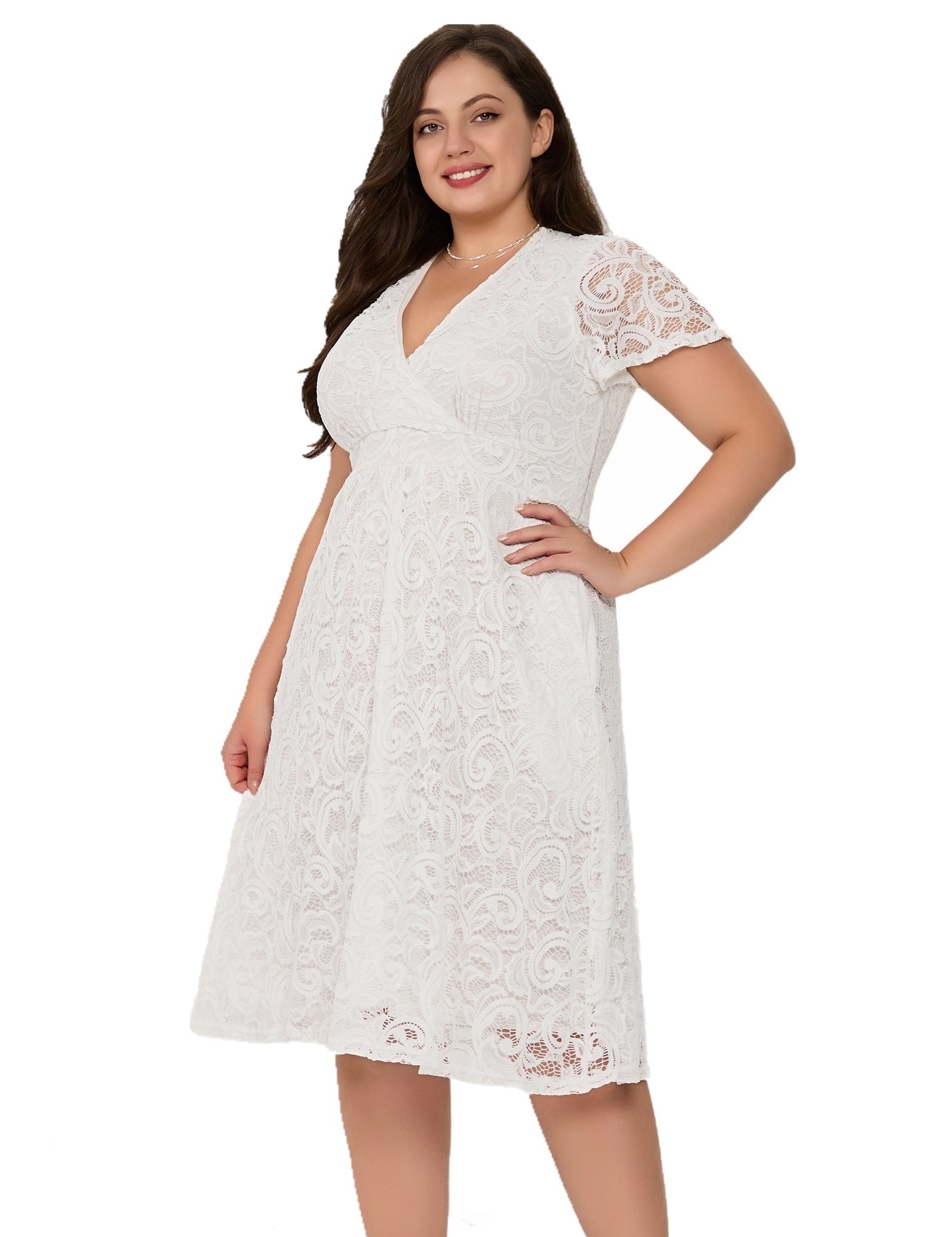 Plus Size Women short-sleeved v-neck lace pocket dress