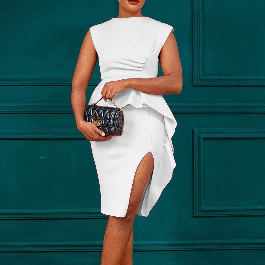 Women Summer Solid Pleated Ruffle Slit Bodycon Dress 4