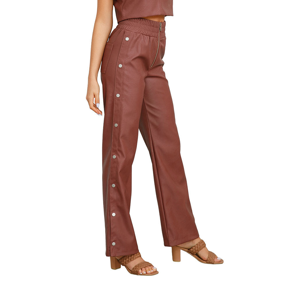 Solid color high-waisted straight trousers Chic autumn and winter leather pants 6