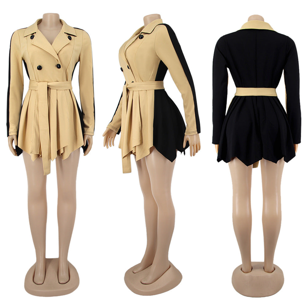 Women Solid Color Block Long Sleeve Casual Dress 13