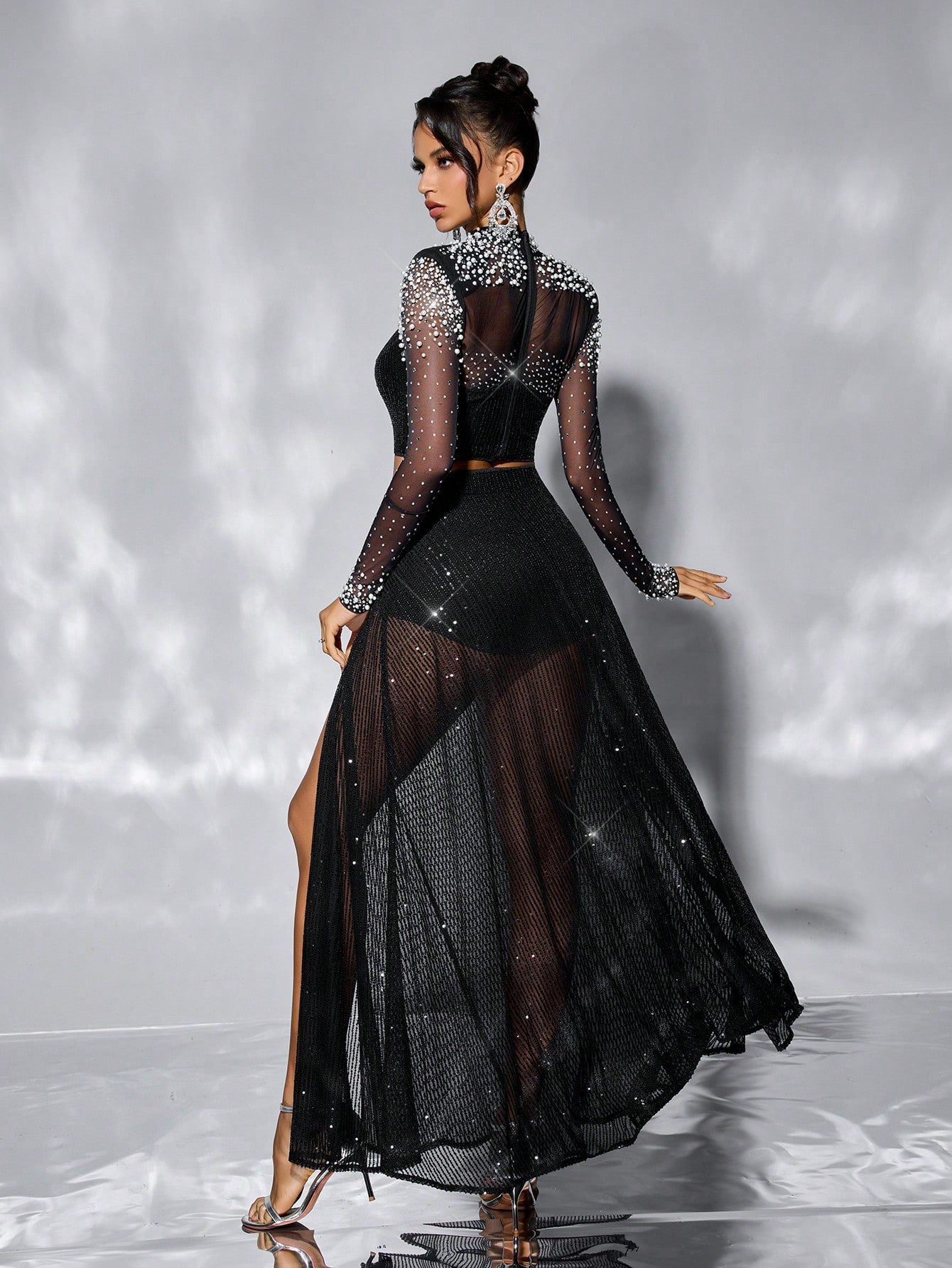 Women's Beaded Patchwork Mesh See-Through Long-Sleeve Low-Waist Flared High-Slit Skirt Set 3