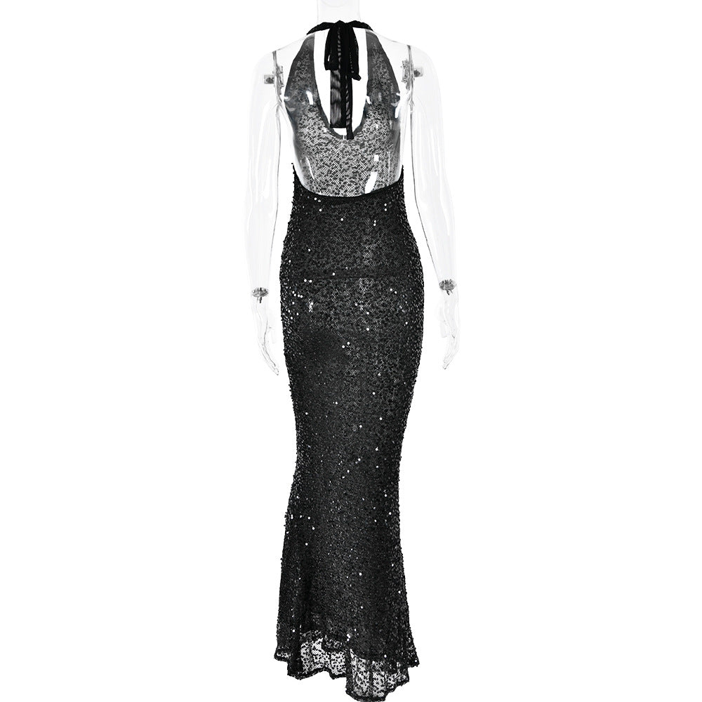 Autumn Fashion Sexy Deep V Halter Neck Slim Sequin Evening Dress 9