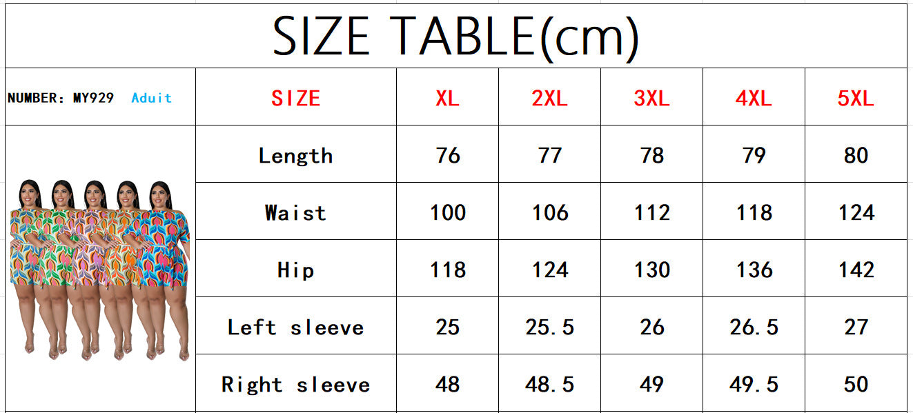 Plus Size Women's Summer Slash Shoulder Print Short Sleeve Jumpsuit With Belt 13