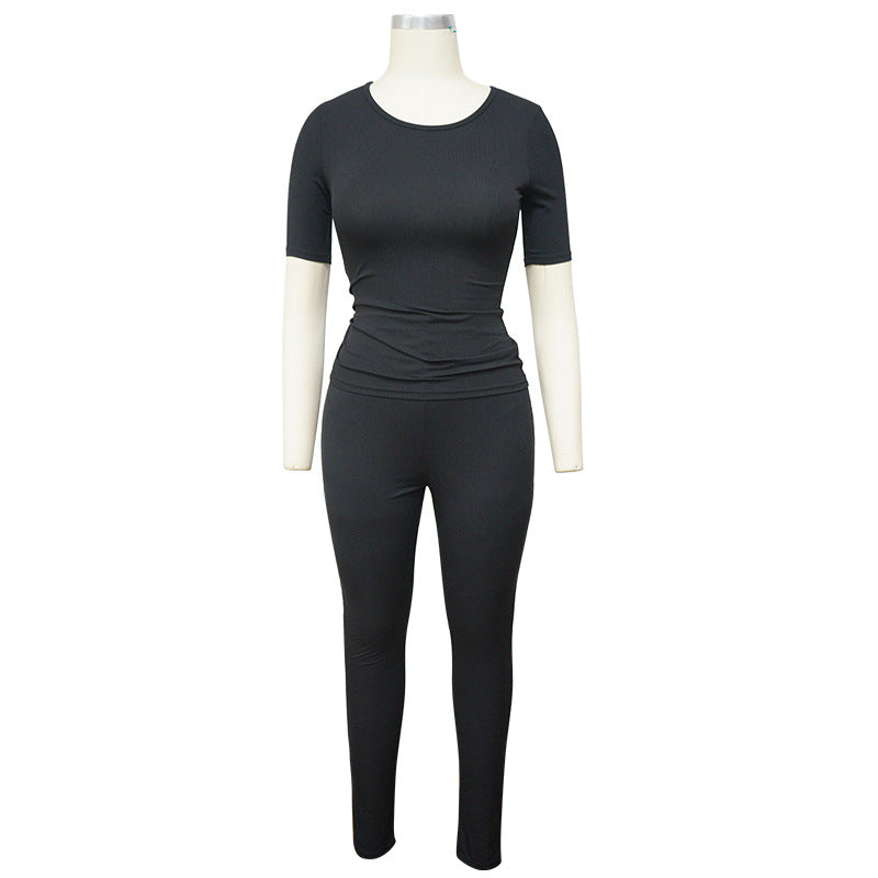 Plus Size Sports Two Piece Ribbed High Stretch Solid Color Suit Women 14