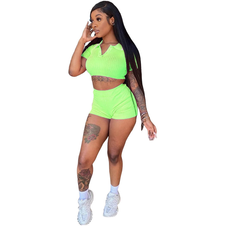 Women's Sports Casual Cropped Top Shorts Solid Color Two-piece Set 8