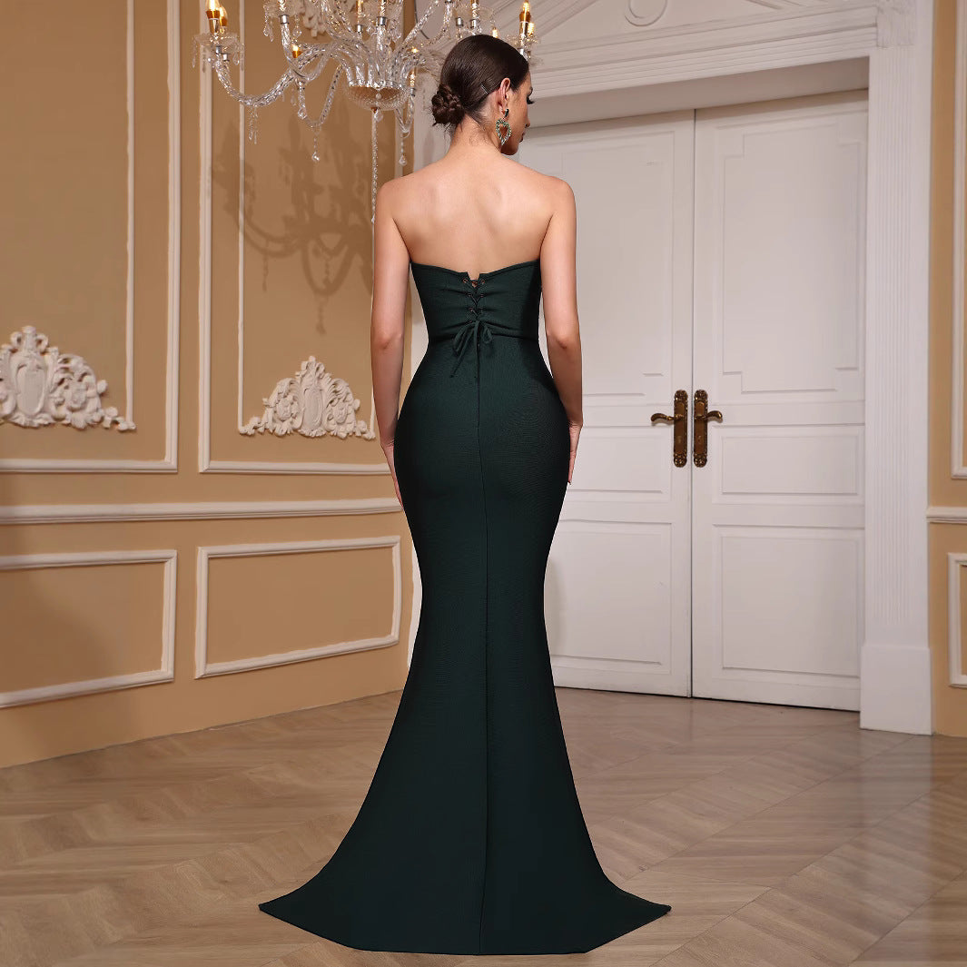 Women Strapless Lace-Up Diamond Fishtail Evening Dress 3