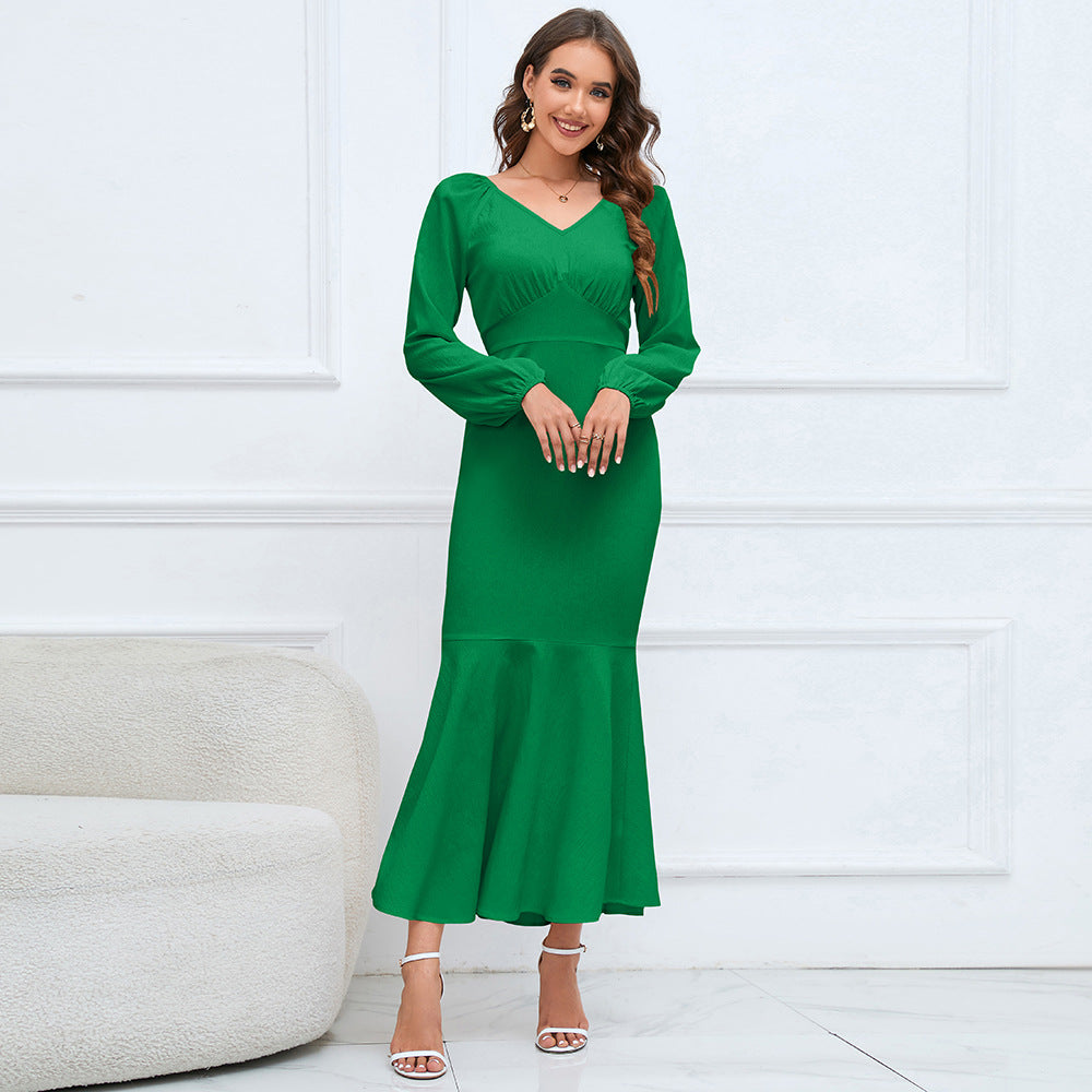 Plus Size Women V Neck Long Sleeve Mermaid Dress 8