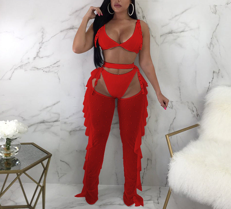 Women's Sexy Mesh Beading Mesh Ruffle Pants Set 3